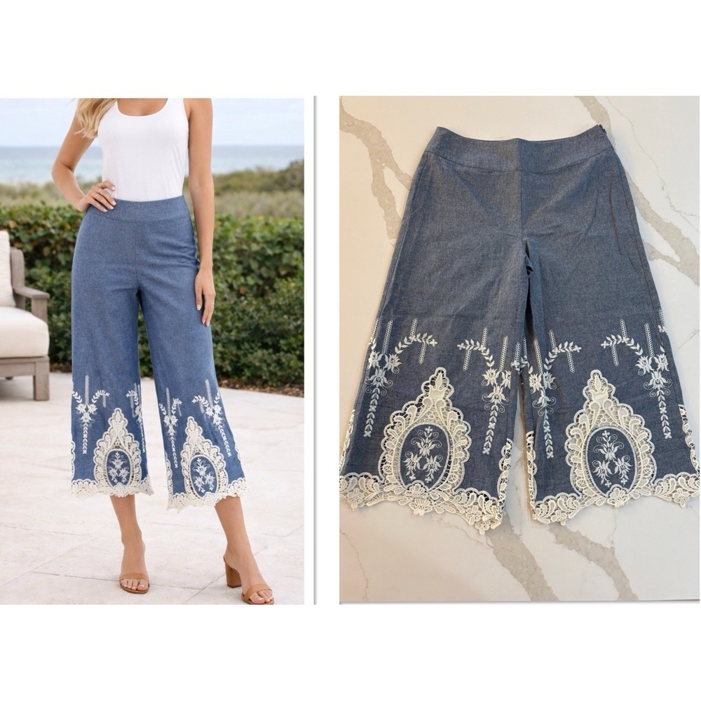 Boston Proper Blue Wide-Leg Cropped Pants with White Lace Trim